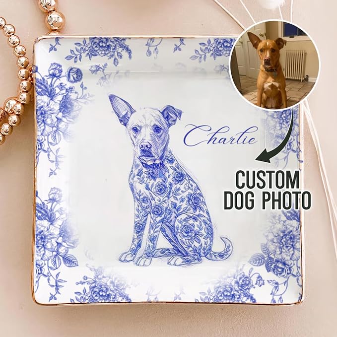 Custom Puppy Portrait Jewelry Dish, Toile De Jouy Pet Ring Dish, Personalized - Image 2