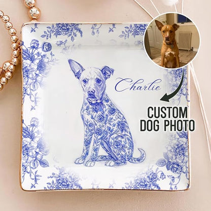 Custom Puppy Portrait Jewelry Dish, Toile De Jouy Pet Ring Dish, Personalized - Image 2