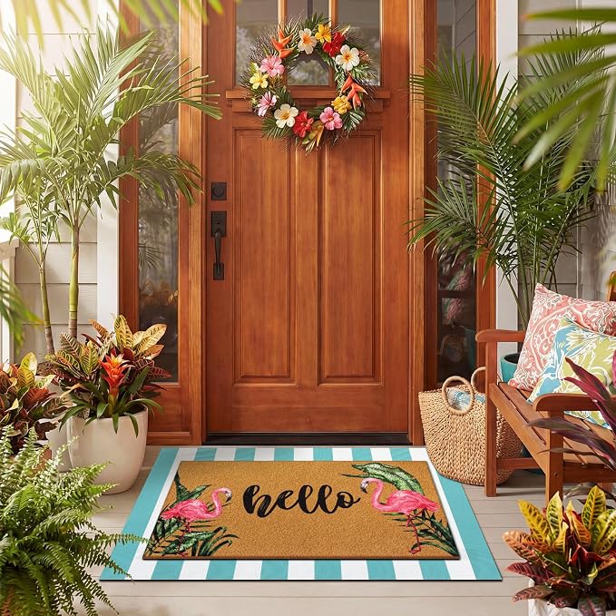 Tinideya 2 Pcs Summer Door Mat Flamingo Welcome Non Slip Coir Hello Mats Floor - Image 6