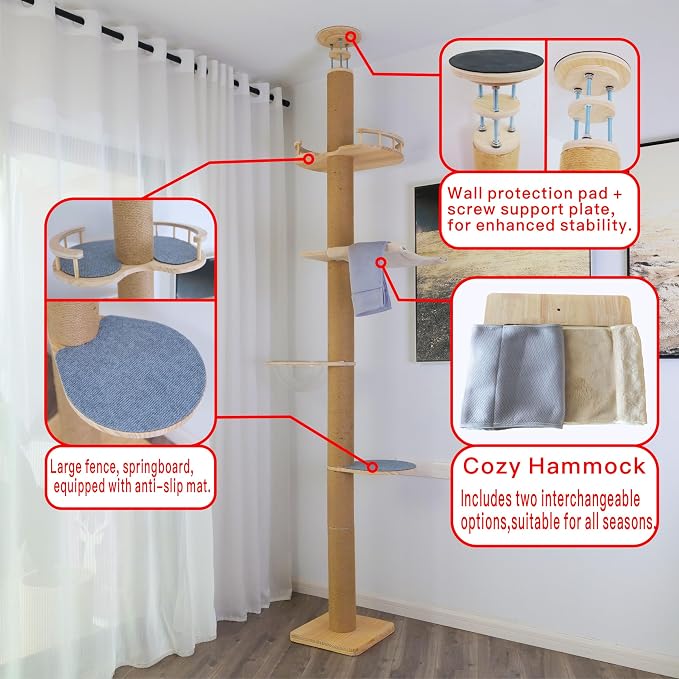 Floor-to-Ceiling Cat Tree with Natural Sisal Rope Scratching Post - Image 2