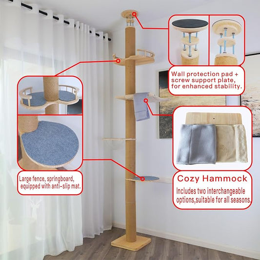 Floor-to-Ceiling Cat Tree with Natural Sisal Rope Scratching Post - Image 2