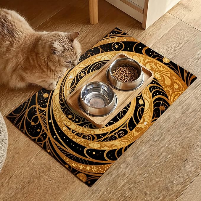 Cat Feedings Mats 20x12 inch Golden Cat Print Pet Bowl Placemat Non Slip Mat - Image 2