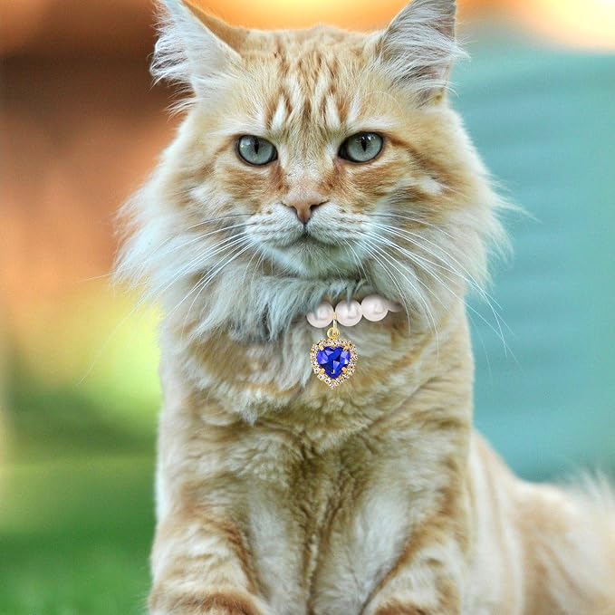 2pcs Cat Dog Pearl Collar, Small Heart Shape Rhinestone Pet Necklace, - Image 5
