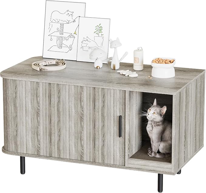 Cat Litter Box Enclosure with Cat Scratch Pad, Sliding Door, 37.4" Litter Box - Image 9