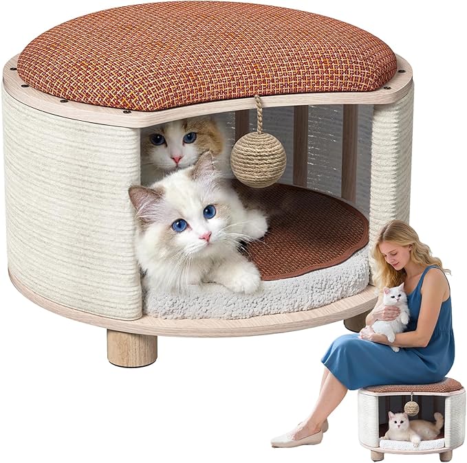 Solid Wood Cats House Stool, 300-lb Capacity. Large Cat Bed Cave by PHIXBEAR