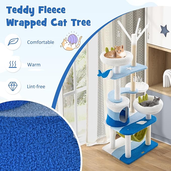 Tangkula Ocean-Themed Cat Tree, Jump Platforms, Hanging Interactive Toys - Image 9