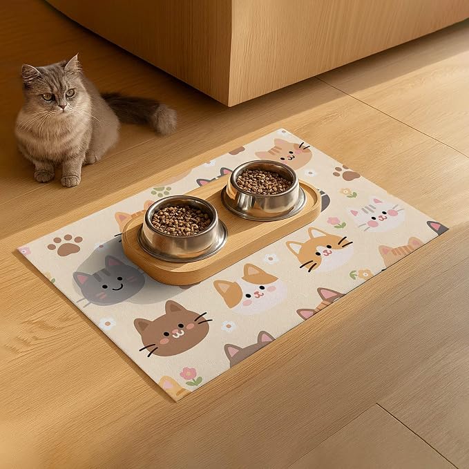 Cat Feeding Mat 24x16 inch Beige Kitten Print Pet Bowl Placemat Non Slip Floor - Image 9