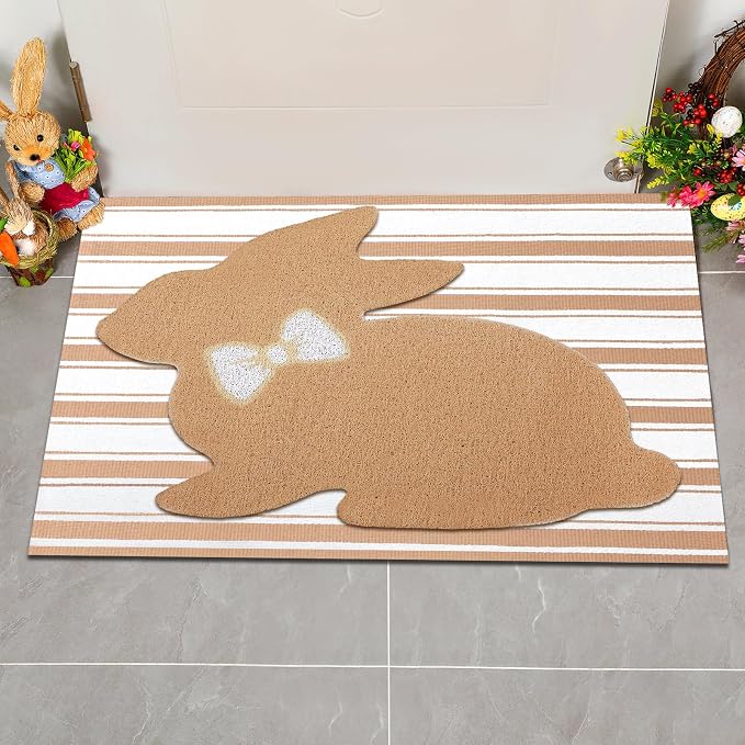 Tinideya 2 Pcs Bunny Door Mat Rabbit Welcome Non Slip Coir Mats Brown and White - Image 6