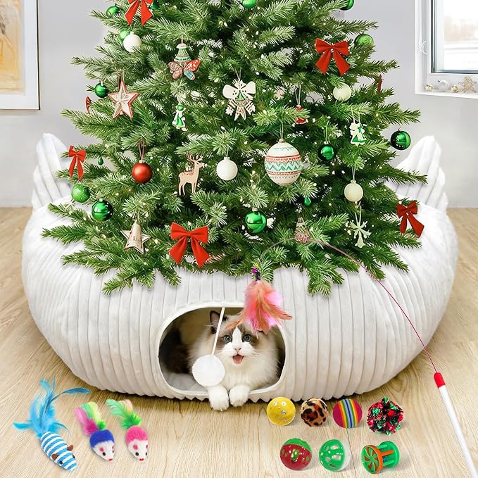 OurWarm White Plush Cat Tunnel Bed Under Christmas Tree, 95cm Large Cat Tunnel by OurWarm