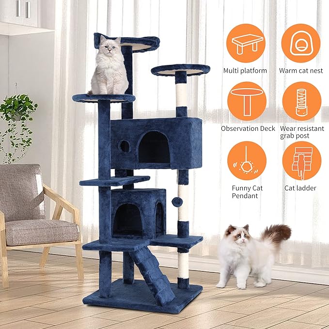 BestPet | 54" Cat Tree Tower | Navy Blue | Sturdy, Hanging Cat Toys, - Image 5