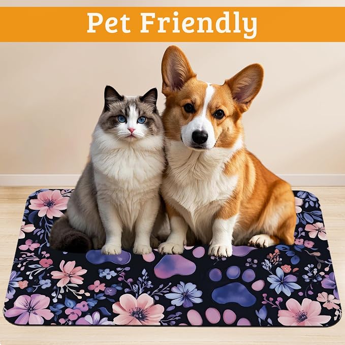 Paw Print Dog Food Mat, Watercolor Flower Absorbent Pet Feeding Mat - Image 2