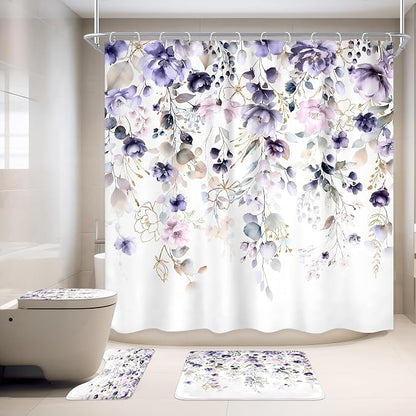 4 PCS Purple Floral Flower Shower Curtain Set 72Wx72H Inch Watercolor Pastel - Image 3