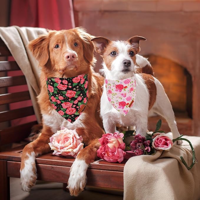 ADOGGYGO Floral Dog Bandana 2 Pack, Reversible Red Pink Rose Pet Scarf Bib - Image 2