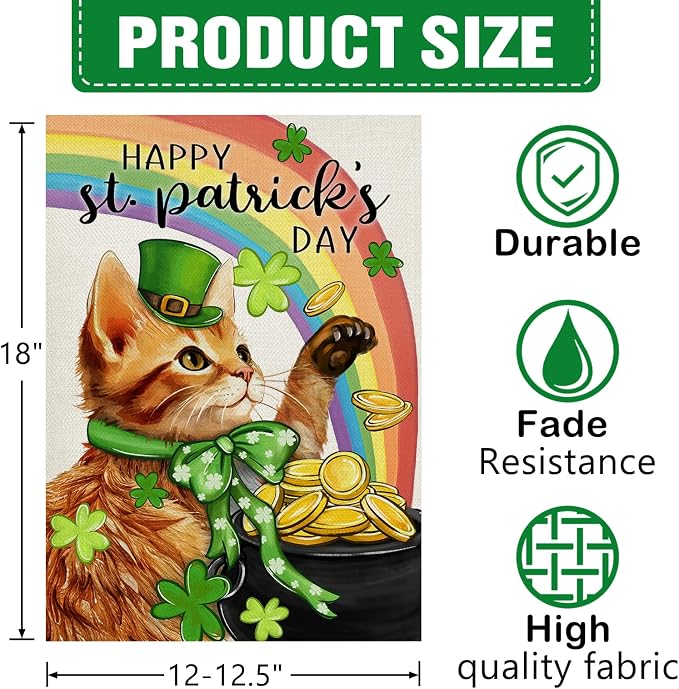Dyrenson Happy St Patricks Day Orange Cat Decorative Garden Flag, Pet Rainbow - Image 2