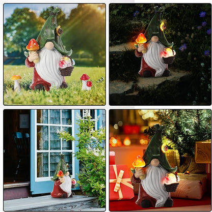 Mushroom-Picking Gnome Solar Garden Statue - Image 6
