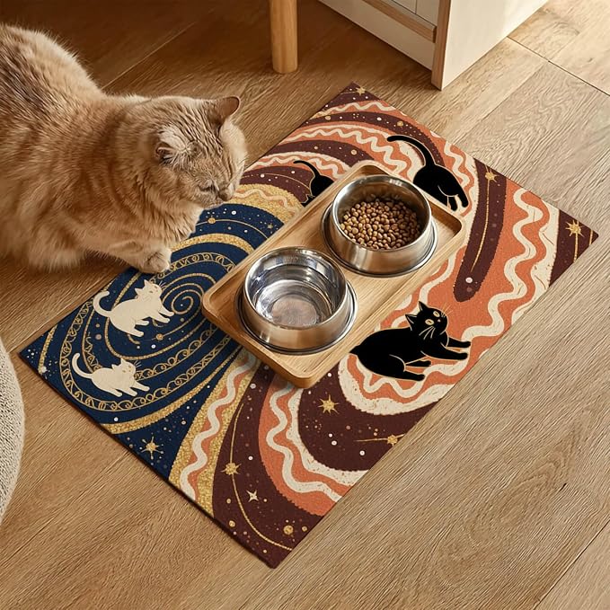 Pet Feedings Mats 20x12 inch Black Cat Design Pet Bowl Placemat Non Slip Mat - Image 2