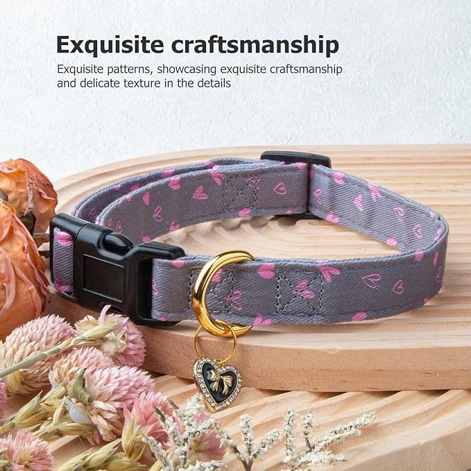 Cotton Handmade Dog Collar Cute and Distinctive Patterns Grey Heart - Image 5