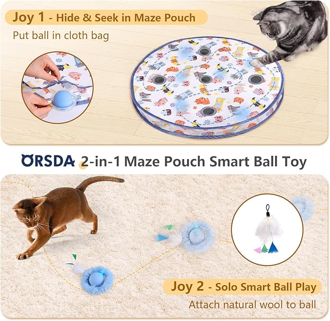 ORSDA Interactive Cat Toys Ball, Automatic Fast Rolling Ball in Pouch, Hide and - Image 2