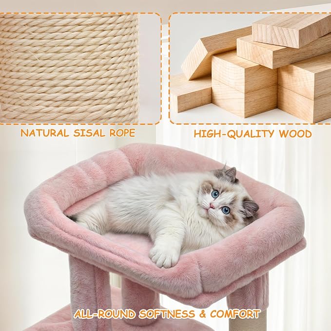36-Inch Cat Tree for Small Cats, Cozy Condo & Scratching Board, Soft Pink Cat - Image 6