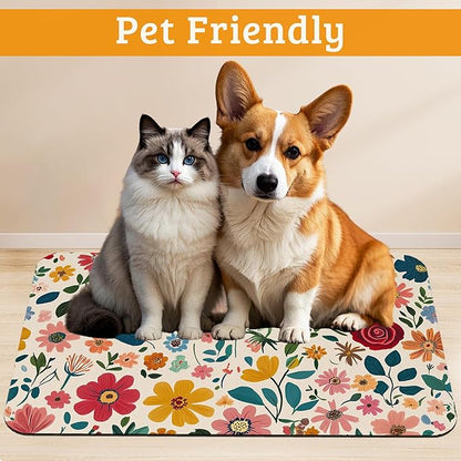 Colorful Flower Feeding Mat, Groovy Wildflowers Absorbent Quick-Dry Cat Dog - Image 2