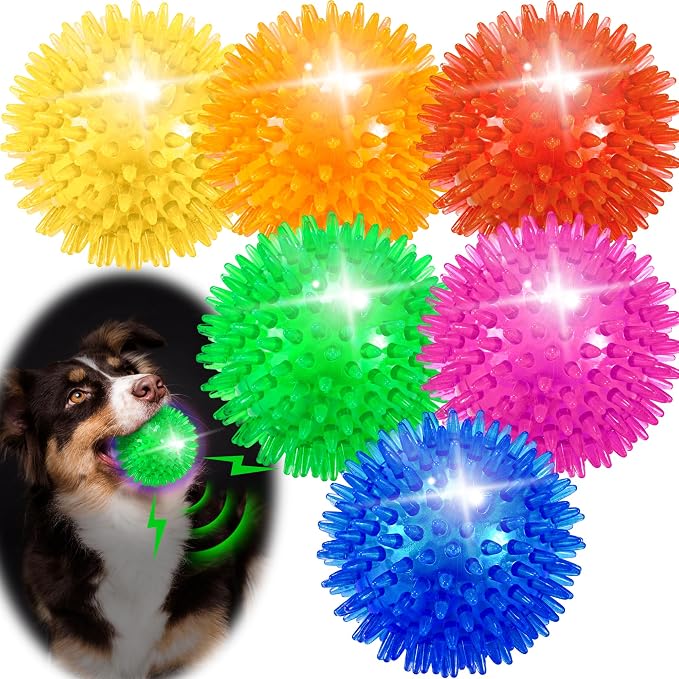 6 Pack 2.5" Light Up Squeaky Dog Balls, Spiky Dog Toy Balls by OUSIYA