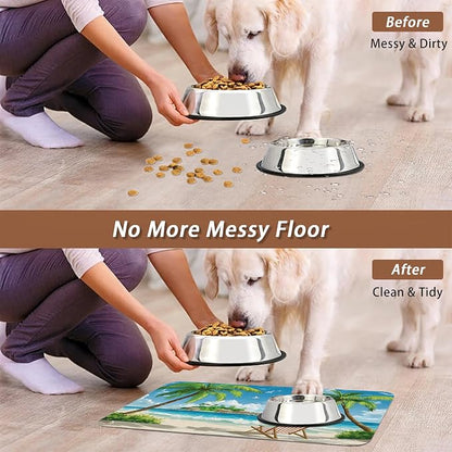 Tropical Beach Dog Food Mat for Floors, Hawaii Palm Tree Absorbent Quick-Dry - Image 5