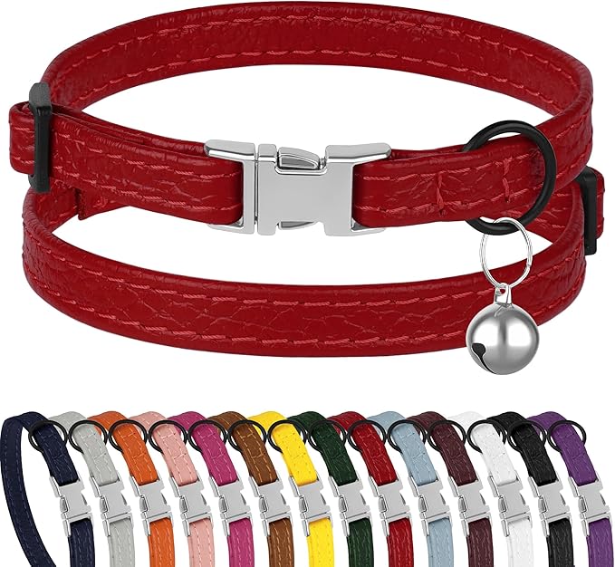 Leather Cat Collar with Buckle and Removable Bell by BUDKAS