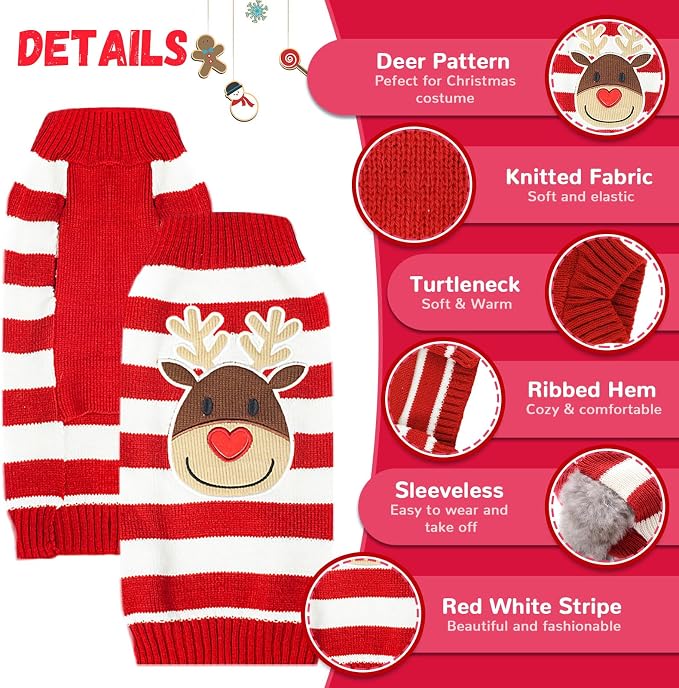 Dog Christmas Sweater Cute Striped Reindeer Xmas Pet Clothes Holiday Puppy Cat - Image 4