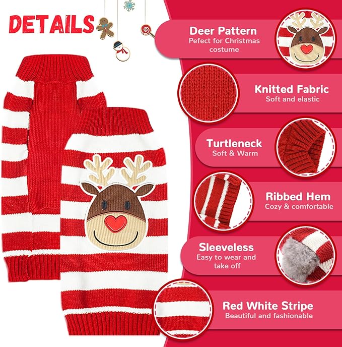 Dog Christmas Sweater Cute Striped Reindeer Xmas Pet Clothes Holiday Puppy Cat - Image 4
