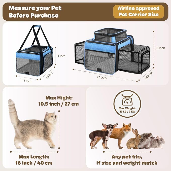 Top and 2 Sides Expandable Cat Carrier 18x11x11, TSA Airline Approved Dog - Image 4