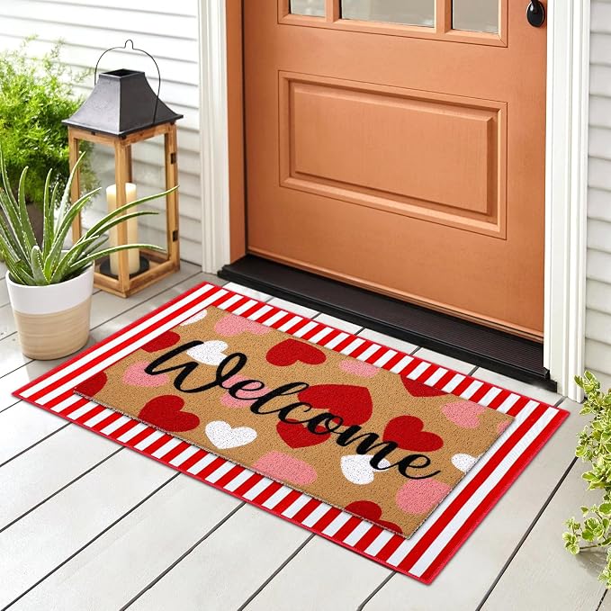 Tinideya 2 Pcs Valentine Door Mat Heart Welcome Outdoor Non Slip Coir Mats Red - Image 5