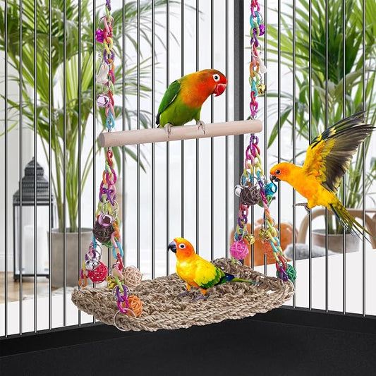 Bird Swing Toys with Wood Perch, Seagrass Woven Parrot Platform Bird Climbing - Image 2