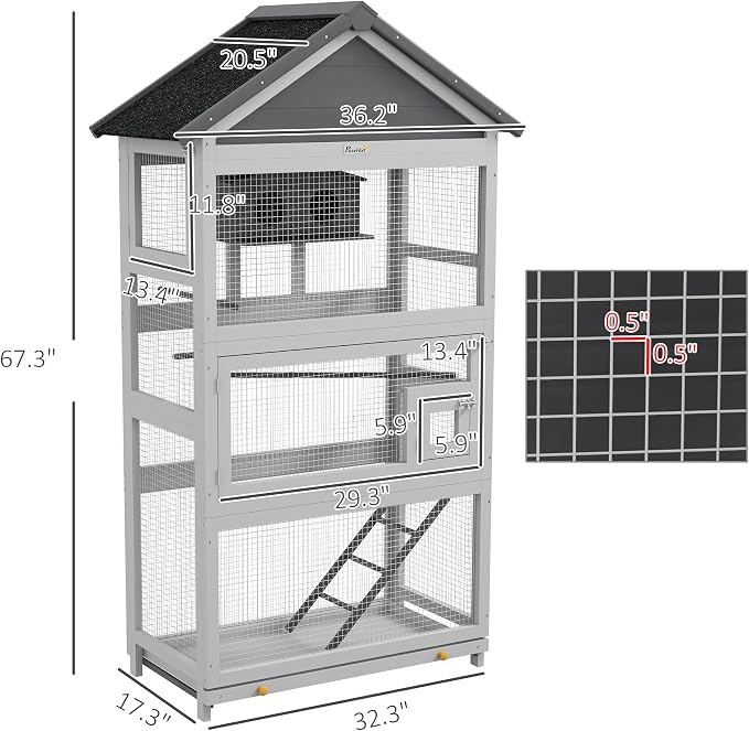 PawHut Wooden Bird Aviary, Three Doors, Perches - Image 7