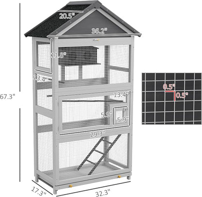 PawHut Wooden Bird Aviary, Three Doors, Perches - Image 7