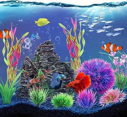 10pcs Aquarium Artificial Plastic Plants Decorations and Rock Cave Decor Set - Image 3