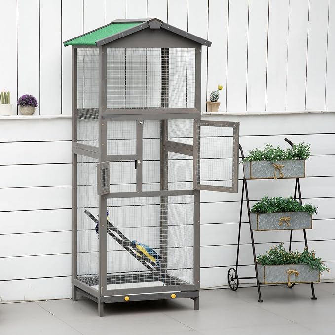 PawHut 65" Wooden Bird Cage Outdoor Aviary House - Image 8