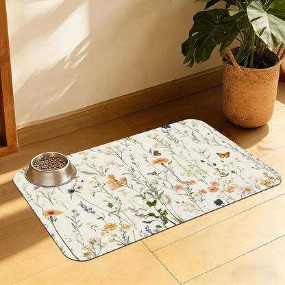 Vintage Wildflowers Herbs Pet Feeding Mat, Absorbent Bowl Pad, Quick Dry by QSOQSO