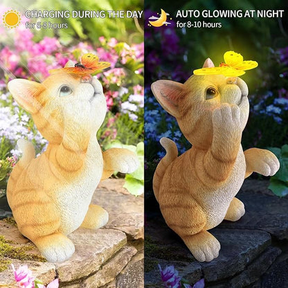 Solar Garden Statue Cat Figurine, Resin Cat Statue Playing Butterfly, Outdoor - Image 6