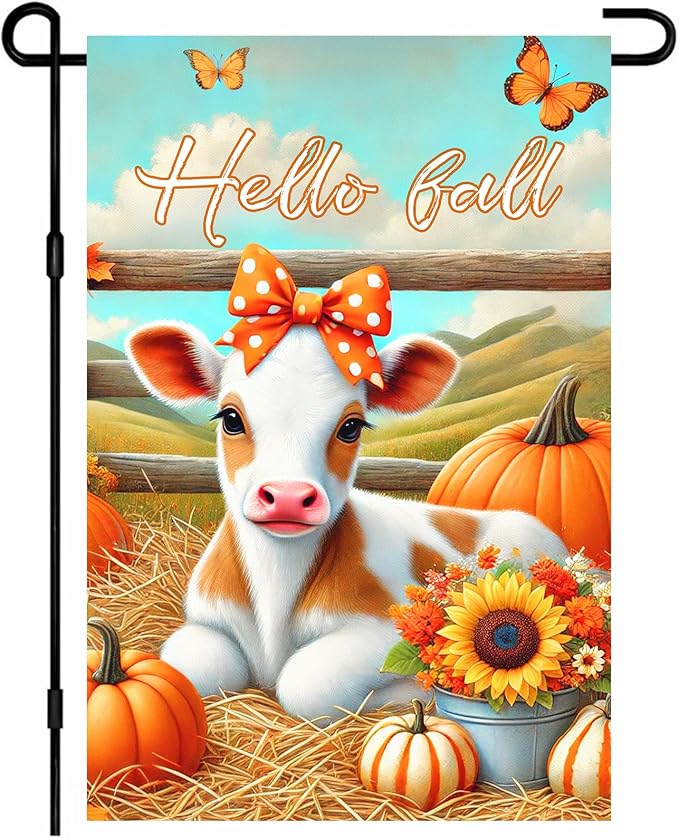 Hello Fall Garden Flag Cute Calf Cow Flag 12x18 Inch Polka Dot Bow Hay Pumpkins by BlissYard