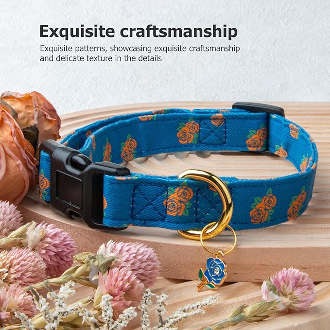 Cotton Handmade Dog Collar Cute and Distinctive Patterns Blue Rose - Image 5