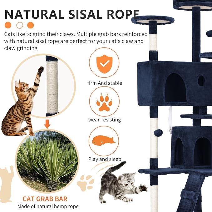 70 Inch Navy Blue Cat Tree, Tall Cat Tower - Image 3