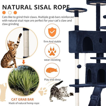 70 Inch Navy Blue Cat Tree, Tall Cat Tower - Image 3