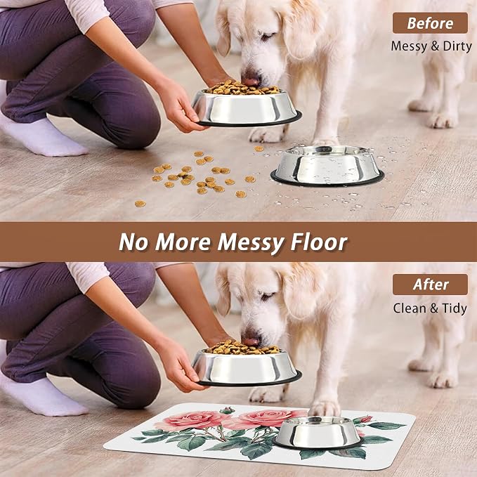 Pink Rose Pet Feeding Mat, Vintage Absorbent Quick-Dry Cat Dog Food and Water - Image 5