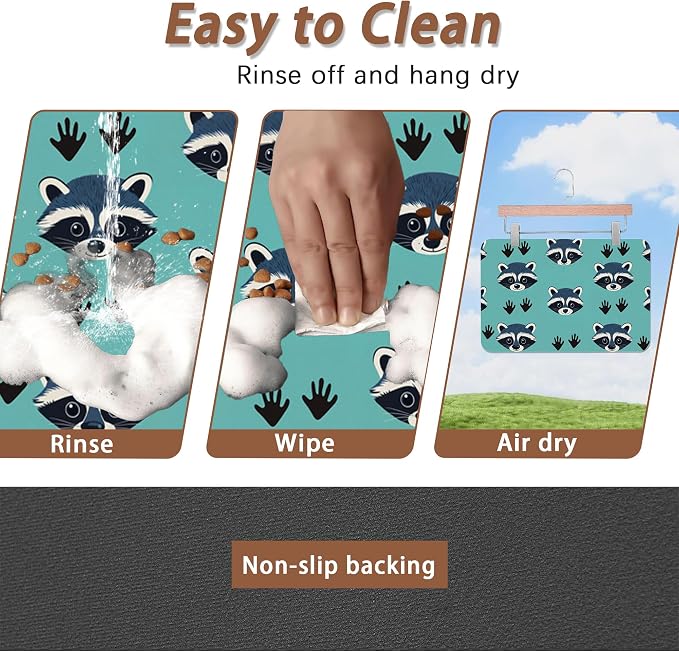 Cute Raccoon Dog Food Mat for Floors, Absorbent Pet Food and Water Bowl Mats - Image 4