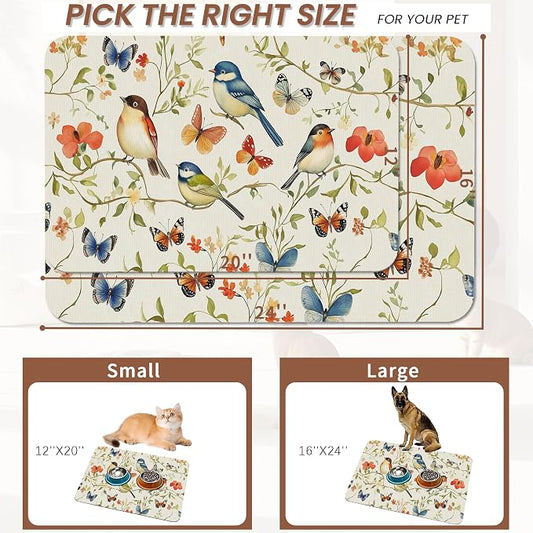Butterfly Bird Dog Food Mat for Floors, Vintage Nature Absorbent Pet Food and - Image 2