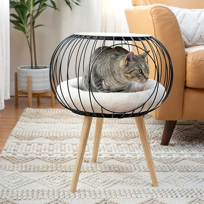 Kitty City Modern Cat Bed with Wooden Side Table, Elevated Indoor Cat Lounge - Image 2