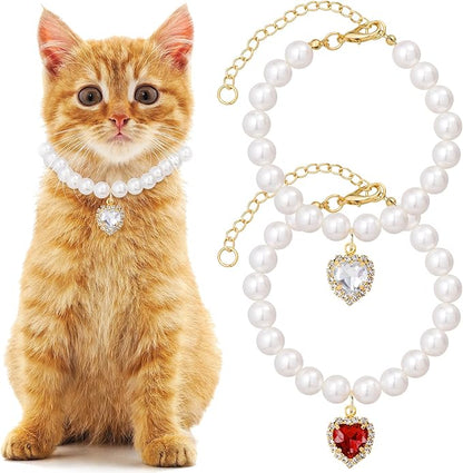 2pcs Cat Pearl Collar with Heart Pendant, Cute Pearl Pet Necklace in Small by Unknown