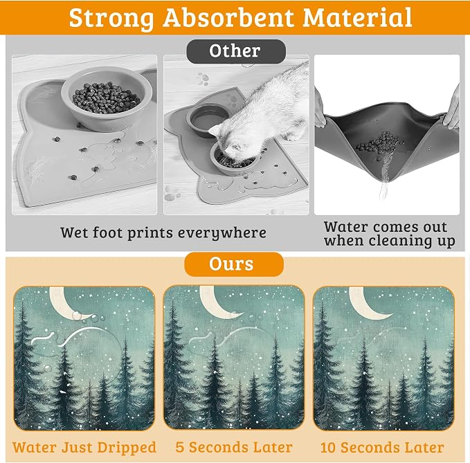 Pet Feeding Mat, Abstract Forest Absorbent Dog Cat Food Mat Moon Dog Mat - Image 3
