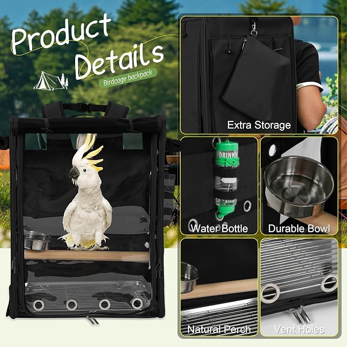 Suertree Bird Carrier Travel Cage, Cockatoo Carrier, Parrot Travel Backpack - Image 4
