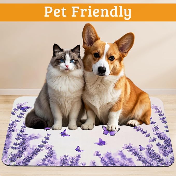 Pet Feeding Mat, Lavender Butterfly Absorbent Dog Cat Food Mat Purple Dog Mat - Image 2